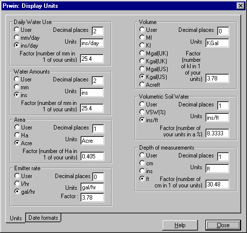 Display Units Screen